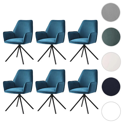 Mendler Lot de 6 chaises de salle à manger HWC-G67, chaise de cuisine avec accoudoirs ~ velours, Turquoise- bleu