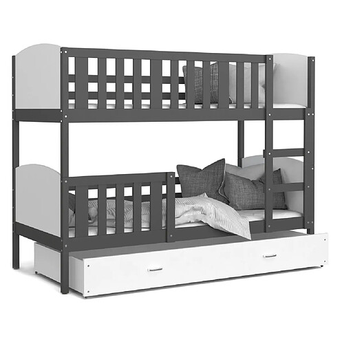 Kids Literie Lit Superposé Tomy 90x190 Gris - blanc Livré avec sommiers, tiroir et matelas en mousse de 7cm