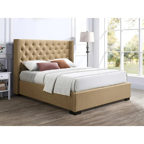 Vente-Unique Lit coffre 180 x 200 cm avec tête de lit capitonnée - Tissu - Beige + Matelas - MASSIMO