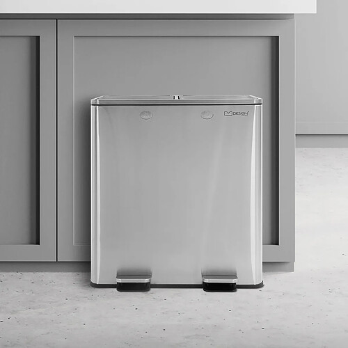 Poubelle 2 x 30 litres Argentée avec deux compartiments et système d'abaissement automatique ML-Design