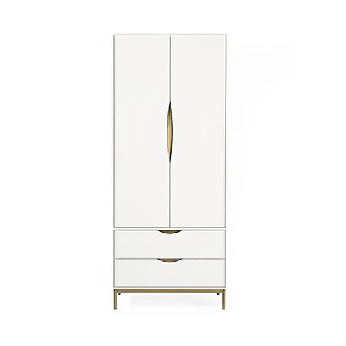 Mes Armoire 2 portes 2 tiroirs 80x55x195 cm blanc et doré - ROLAND