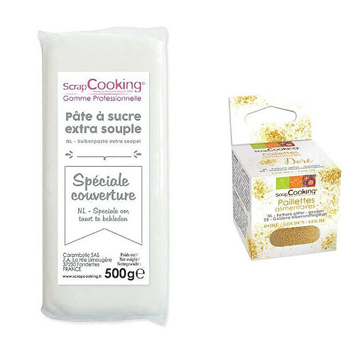 Scrapcooking Pâte à sucre de couverture blanche 500 g + paillettes dorées