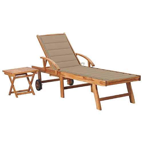 vidaXL Chaise longue avec table et coussin Bois de teck solide