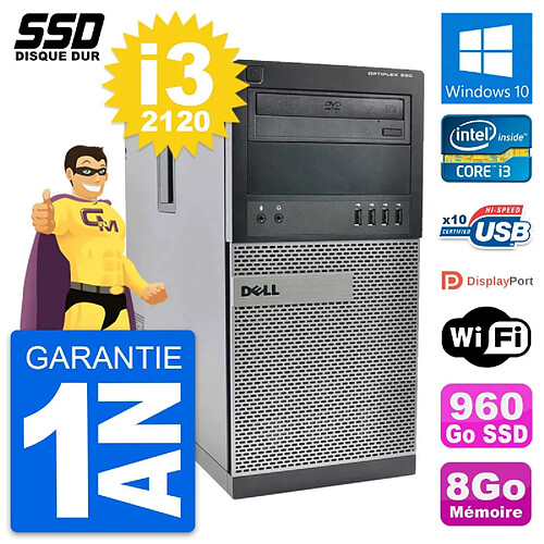 PC Tour Dell OptiPlex 990 Intel Core i3-2120 RAM 8Go SSD 960Go Windows 10 Wifi · Occasion