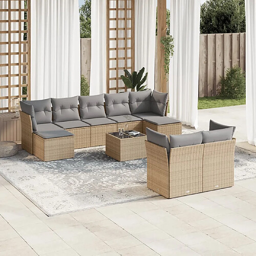 vidaXL Salon de jardin avec coussins 10 pcs beige résine tressée