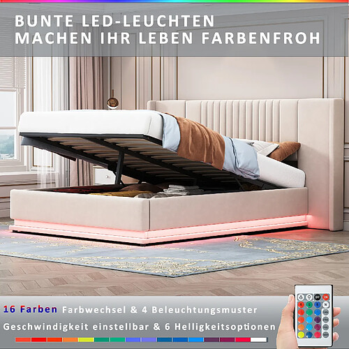 KOMHTOM Lit double capitonné 140 x 200 cm, avec éclairage LED, support hydraulique, sommier à lattes, tissu velours, couleur beige