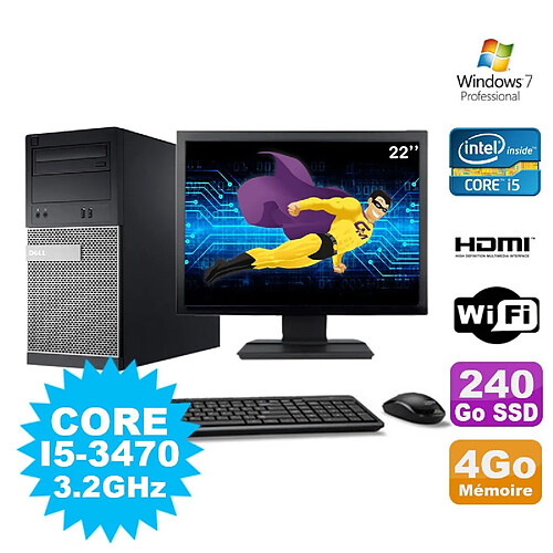 Lot PC Tour DELL 3010 MT I5-3470 Graveur 4Go 240Go SSD HDMI Wifi W7 + Ecran 22" · Occasion