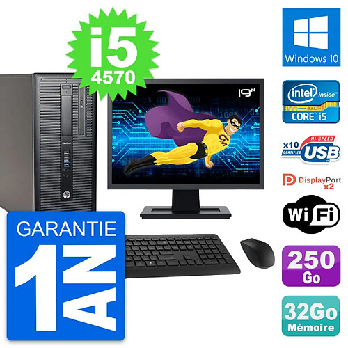 PC Tour HP 800 G1 Ecran 19" Intel i5-4570 RAM 32Go Disque 250Go Windows 10 Wifi · Occasion