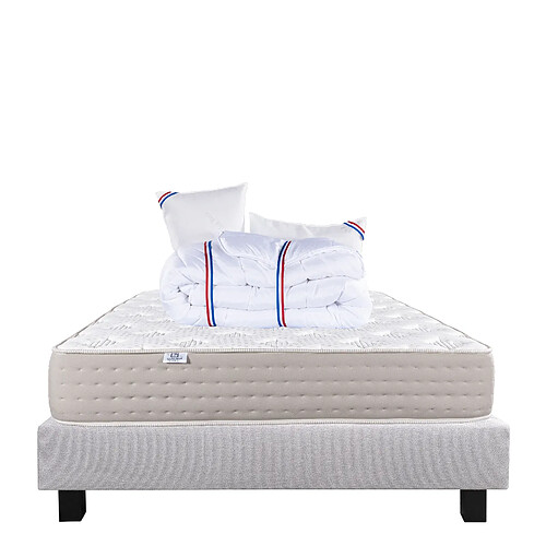 LUXURY LITERIE Ensemble matelas Dreamlux 140x190 cm + sommier gris ep20cm + 2 oreillers + couette