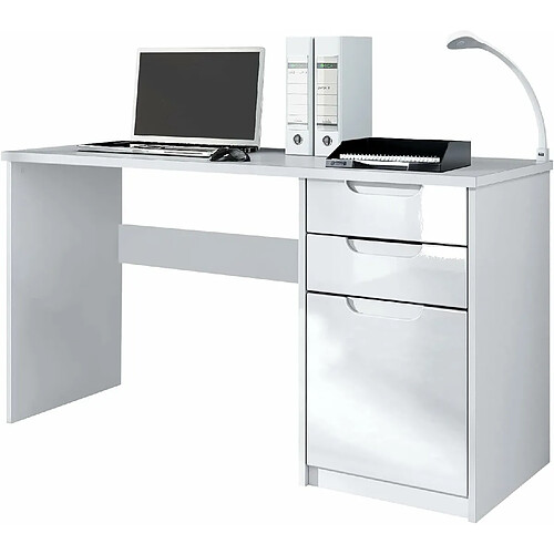 Mpc Bureau Avec 2 Tiroirs Et D’une Porte Blanc Mat Et Blanc Haute Brillance (129 X 76 X 60 Cm)