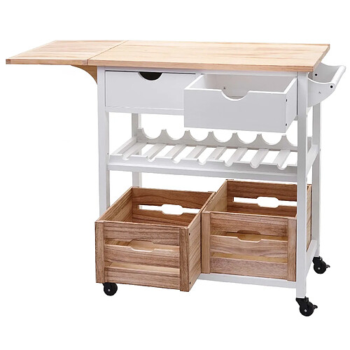 Decoshop26 Chariot de service à roulettes cuisine bar porte bouteilles avec tiroirs et caisses rangement bois de pin 89x119x41cm blanc naturel 04_0002444