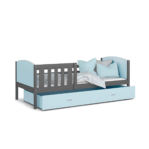 Kids Literie Lit Gigogne Tomy 90x190 Gris - bleu Livré avec sommiers, tiroir et matelas en mousse de 7cm