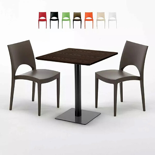 Grand Soleil Table carrée 70x70 plateau effet bois avec 2 chaises colorées Paris Melon - Marron