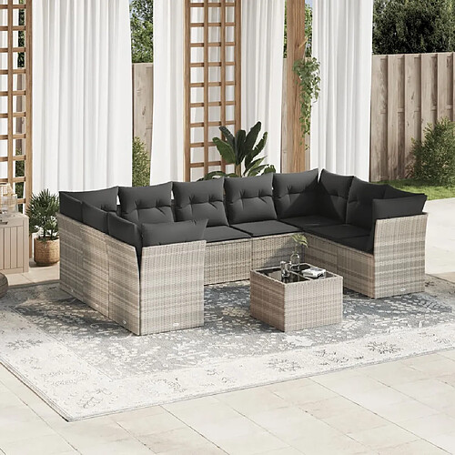 vidaXL Salon de jardin avec coussins 10 pcs gris clair résine tressée