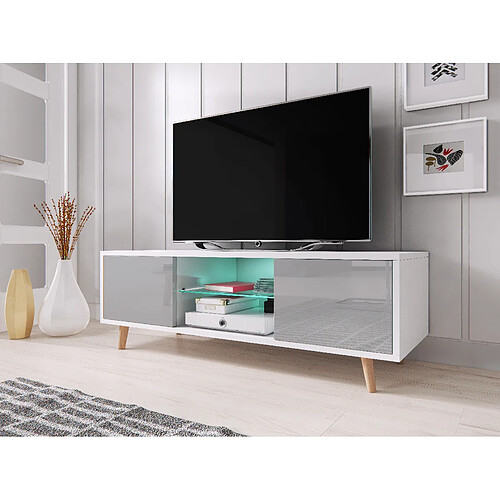 VIVALDI Meuble TV - SWEDEN - 140 cm - blanc mat / gris brillant - avec LED - style scandinave