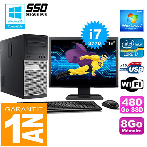 PC Tour DELL 7010 Core I7-3770 Ram 8Go Disque 480 Go SSD Wifi W7 Ecran 19" · Occasion