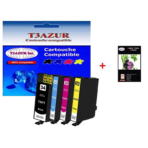 T3Azur 4 cartouches d'encre compatibles 34XL pour Epson WorkForce Pro WF-3725DWF +10f PPA6