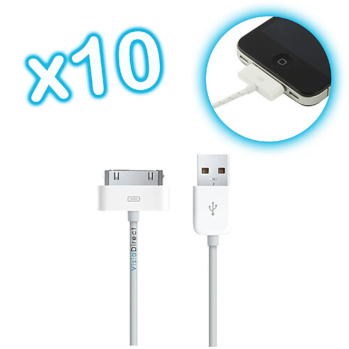 Visiodirect Lot de 10 cables USB de charge blanc pour iPhone 4 et 4S