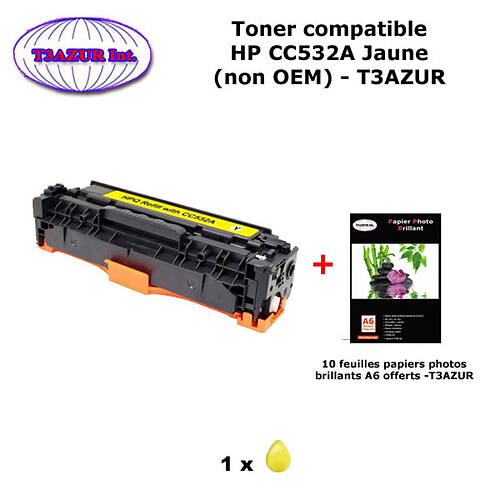 Toner générique HP CC532A ,HP 304A pour HP CP 2020 , 2025, 2025N Jaune+ 10f papiers photos A6 -T3AZUR