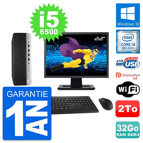 PC HP 600 G3 SFF Ecran 22" Intel i5-6500 RAM 32Go Disque Dur 2To Windows 10 Wifi · Occasion