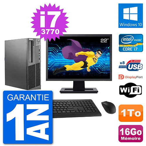 PC Lenovo M92p SFF Ecran 22" Intel i7-3770 RAM 16Go Disque 1To Windows 10 Wifi · Occasion