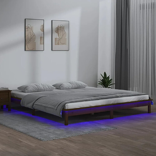 vidaXL Cadre de lit à LED marron miel 140x190 cm bois massif