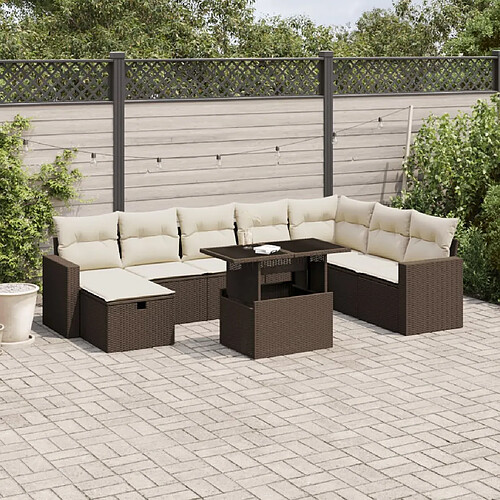 vidaXL Salon de jardin avec coussins 9 pcs marron résine tressée