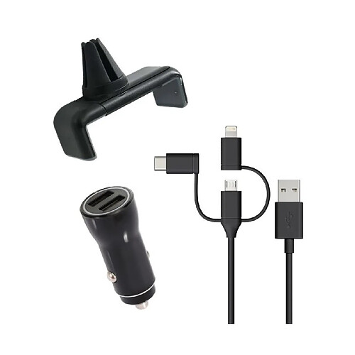 Muvit Pack Support Voiture Grip 360° + Chargeur Allume-cigare + Câble 3 en 1 Noir