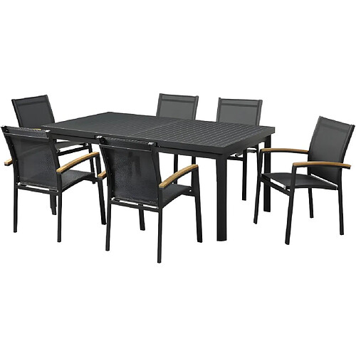 Vente-Unique Salle à manger de jardin en aluminium : une table extensible 180/240cm et 6 fauteuils empilables avec accoudoirs acacia - Anthracite - NAURU de MYLIA