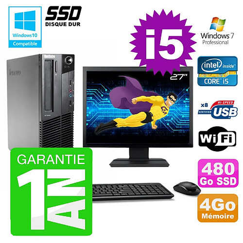 PC Lenovo M91p SFF Intel I5-2400 4Go Disque 480Go SSD Graveur Wifi W7 Ecran 27" · Occasion