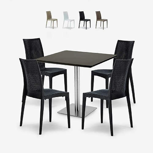 Grand Soleil Lot De 4 Chaises Poly Rotin Bar Restaurant Table Noir Horeca 90x90cm Barrett Black, Couleur: Noir