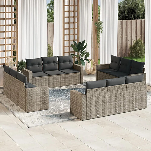 vidaXL Salon de jardin avec coussins 12 pcs gris résine tressée