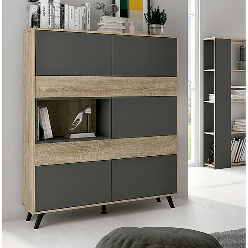 Pegane Armoire vitrine, buffet haut coloris chêne cambrian/graphite - Longueur 120.9 x Profondeur 39.6 x Hauteur 156 cm