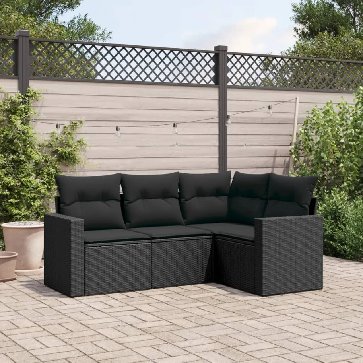 vidaXL Salon de jardin 4 pcs avec coussins noir résine tressée