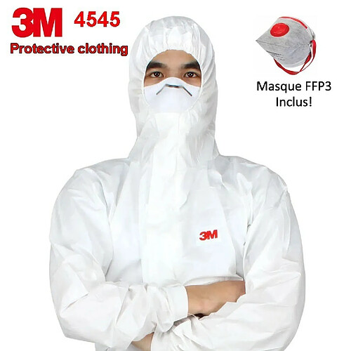 PACK Vêtements de protection à capuche Combinaison 3M 4545, Taille XL + Masque FFP3 - Contre particules sèches éclaboussures chimiques Anti-poussière