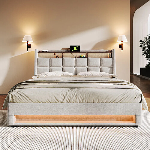 Sweiko Lit coffre 140x200 cm Lit rembourré avec USB Lit simple LED avec sommier à lattes métalliques pour adolescents Sans matelas Beige