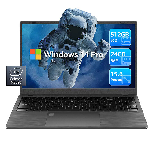 VANWIN PC Portable 15.6'' Windows 11 Pro 24Go RAM 512Go SSD Intel Celeron N5095(jusqu'à 3,4 GHz) Ordinateur Portable avec 1920*1080 IPS Rotation 170°-AZERTY