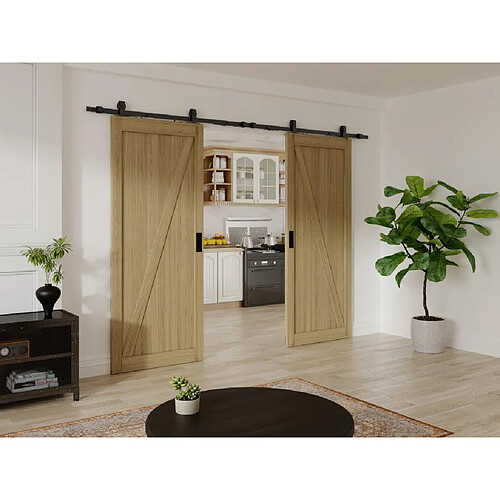 Vente-Unique Porte coulissante double avec système en applique en bois et MDF - Naturel clair - 2 x H205 x L73 cm - BALERMA