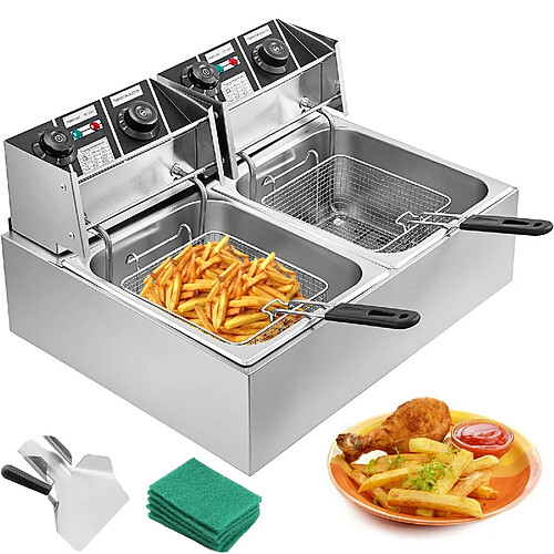 Double Friteuse Electrique Professionnelle 2 Cuve Inox Frites 2 x 10L 5000W Acier Pour des Commerciaux Restaurants Supermarchés Fast-foods Snack-bars