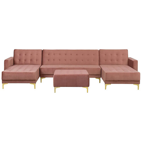 Beliani Canapé en U avec pouf ottoman ABERDEEN Rose Velours Symétrique