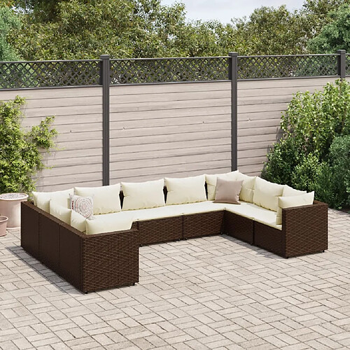 vidaXL Salon de jardin avec coussins 9 pcs marron résine tressée