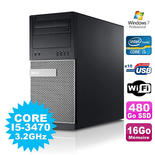 PC Tour Dell Optiplex 7010 Core I5-3470 3.2Ghz 16Go 480Go SSD DVD WIFI Win 7 · Occasion