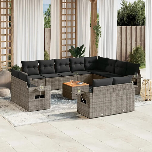 vidaXL Salon de jardin avec coussins 13 pcs gris résine tressée