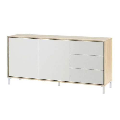 Pegane Buffet avec 2 portes et 3 tiroirs coloris chêne canadien / blanc artic - Hauteur 74 x Longueur 154 x Profondeur 41 cm