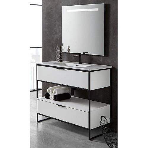 Pegane Meuble de salle de bain avec 2 tiroirs blanc brillant avec plan moulé + miroir - Longueur 60 x Hauteur 85 x Profondeur 46 cm