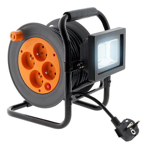 Enrouleur électrique 4 prises 16A 2P+T avec projecteur LED 10W - câble HO5VV-F 3G1 15m avec guide câble - Zenitech