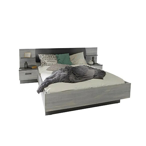 Lit adulte 140x190 cm + 2 chevets et tete de lit en simili - Decor chene - L 195,7 x P 235,5 x H 90,5 cm - LEONARD