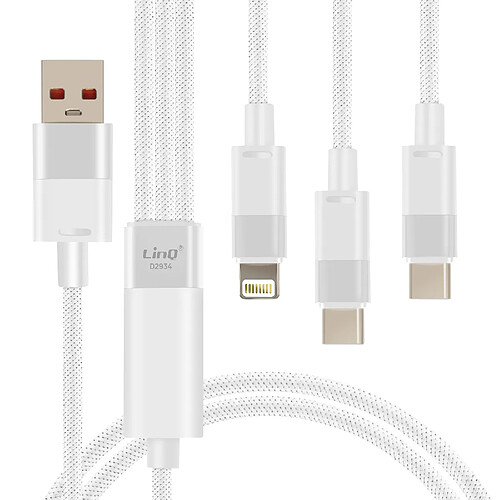 LinQ Câble USB vers Lightning + 2 USB-C 60W Charge Rapide Longueur 1.2m Blanc