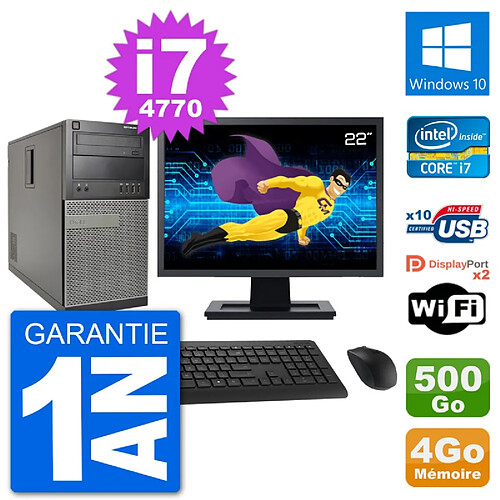 PC Tour Dell 7020 Ecran 22" Intel i7-4770 RAM 4Go Disque 500Go Windows 10 Wifi · Occasion