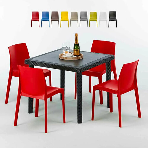 Table Carrée Noire 90x90cm Avec 4 Chaises Colorées Grand Soleil Set Extérieur Bar Café Rome Passion, Couleur: Rouge